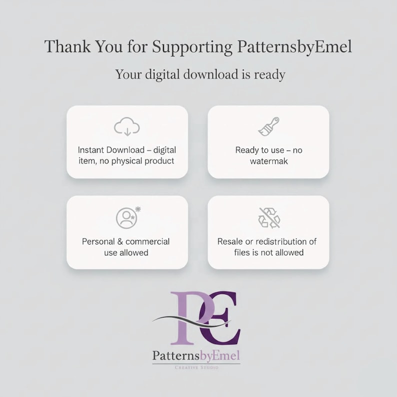 Op de afbeelding: Een digitale downloadafbeelding met de tekst "Thank You for Supporting PatternsbyEmel". De afbeelding bevat vier informatievakken met tekst over het digitale product, waaronder "Direct downloaden", "Klaar voor gebruik" en gebruiksrechten.