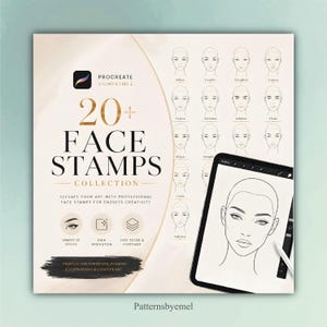 May include: A digital collection of 20+ face stamps for Procreate, featuring a grid of various line-art facial outlines with names, a tablet displaying a detailed female face sketch, and text including 20+ FACE STAMPS COLLECTION and Patternsbyemel.