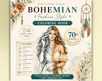 Kleurboek boho-modestijl: 70 boho-kleurplaten, pdf-modekleurboek, afdrukbare boho-stijlgids (digitale download)