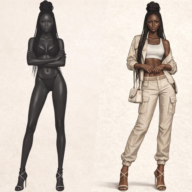 Op de afbeelding: Illustratie van een vrouw in twee verschillende outfits. De ene is een zwarte bikini met hoge hakken. De andere is een beige crop top, cargobroek, jas, handtas en hoge hakken. Beide figuren hebben lange vlechten en hun haar is opgestoken.