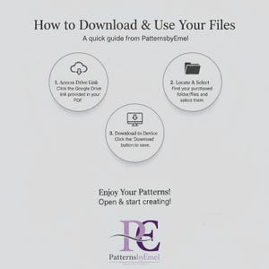 Op de afbeelding: Een witte afbeelding met de tekst "How to Download & Use Your Files" en instructies voor het downloaden van bestanden. De gids bevat stappen voor toegang tot een Drive-link, het vinden van bestanden en het downloaden naar een apparaat. Het logo van PatternsbyEmel staat onderaan.