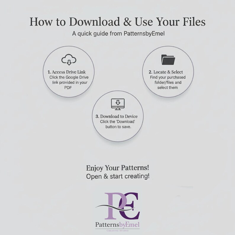 Op de afbeelding: Een witte afbeelding met de tekst "How to Download & Use Your Files" en instructies voor het downloaden van bestanden. De gids bevat stappen voor toegang tot een Drive-link, het vinden van bestanden en het downloaden naar een apparaat. Het logo van PatternsbyEmel staat onderaan.