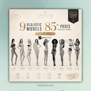 May include: A digital product graphic titled Premium Collection featuring 9 realistic models and 85+ poses for Procreate stamps. The image displays nine distinct figures in various standing poses with names Lais, Sienna, Elsa, Eva, Bella, Nia, Maya, Elena, and Sera listed below each figure along with their respective pose counts.