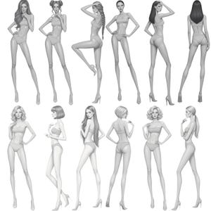 Op de afbeelding: Een verzameling van twaalf grijstinten mode-illustraties van slanke figuren in verschillende poses. Elke figuur is afgebeeld met een eenvoudige tweedelige outfit en hoge hakken. De illustraties tonen verschillende kapsels en lichaamshoudingen, geschikt voor modeontwerp.