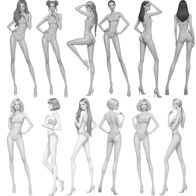 Op de afbeelding: Een verzameling van twaalf grijstinten mode-illustraties van slanke figuren in verschillende poses. Elke figuur is afgebeeld met een eenvoudige tweedelige outfit en hoge hakken. De illustraties tonen verschillende kapsels en lichaamshoudingen, geschikt voor modeontwerp.