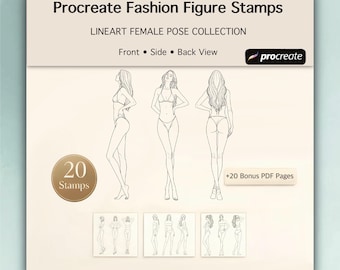 Procreate Fashion figuurstempels: 20 vrouwelijke Lineart Croquis, voorkant, zijkant, achterkant (digitale download)