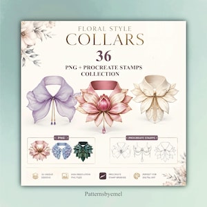 Op de afbeelding: Een digitale collectie getiteld Floral Style Collars 36 PNG + Procreate Stamps Collection. Het toont drie geïllustreerde kragen in lavendel, roze lotus en crèmekleurige bloembladontwerpen, met extra kleine voorbeelden en lijntekeningen.