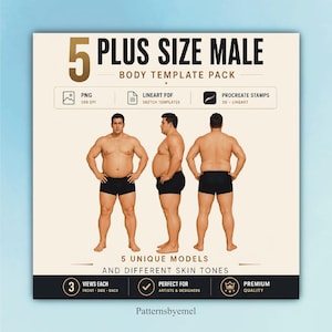 May include: A product image featuring a body template pack for plus-size male figures. The graphic includes three views of each of the five unique models. The text includes "5 PLUS SIZE MALE BODY TEMPLATE PACK" and "5 UNIQUE MODELS AND DIFFERENT SKIN TONES."