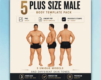 Sjablonen mannenlichaam grote maten – 5 realistische mannelijke modellen voor mode-illustratie, croquis-, procreate-stempels, png en pdf (digitale download)