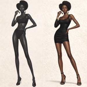 Op de afbeelding: Illustratie van een vrouw in twee verschillende zwarte outfits. De ene is een top met &eacute;&eacute;n schouder en een broek met hoge taille, de andere is een mini-jurk met &eacute;&eacute;n schouder. Beide outfits worden gecombineerd met zwarte hoge hakken en grote oorringen.