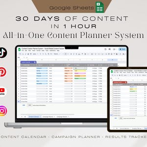 May include: A laptop and tablet display a content planner system in a spreadsheet format. The screen shows a content calendar, campaign planner, and results tracker. The image includes social media icons and the text "30 DAYS OF CONTENT IN 1 HOUR."