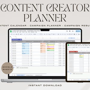 Può includere: Un laptop e un tablet che mostrano un content creator planner. Lo schermo del laptop mostra un foglio di calcolo con colonne per idee di contenuti e piattaforme di social media. Il tablet mostra i risultati della campagna. Il testo include "Content Creator Planner".