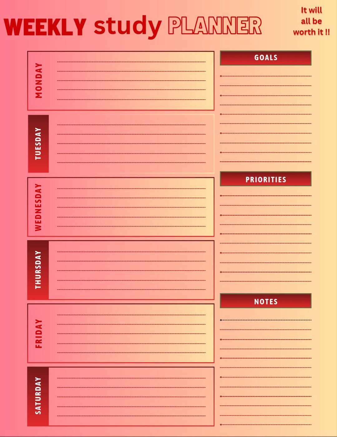 Printable Weekly Study Planner | Instant Download PDF for Students - Etsy