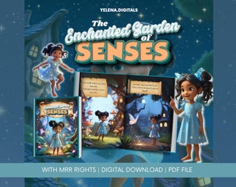 May include: An illustrated book titled "The Enchanted Garden of Senses." The cover and interior pages feature a young girl in a blue dress. The book's pages show illustrations of the girl in a magical forest setting. The text "YELENA.DIGITALS" is at the top.