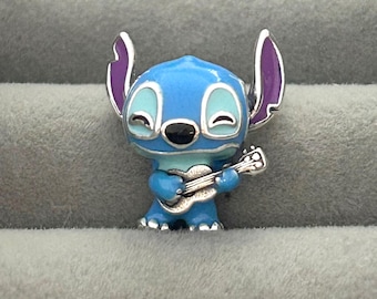 Rent silver s925 blått Stitch gitarrberlockpärlhänge lämpligt för europeiskt Pandora-armband