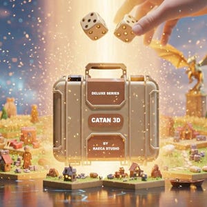 May include: A tan carrying case with the text DELUXE SERIES CATAN 3D BY RAECA STUDIO, floating above a miniature hexagonal board game landscape featuring trees, buildings, and a golden dragon statue, with two dice suspended in the air above.