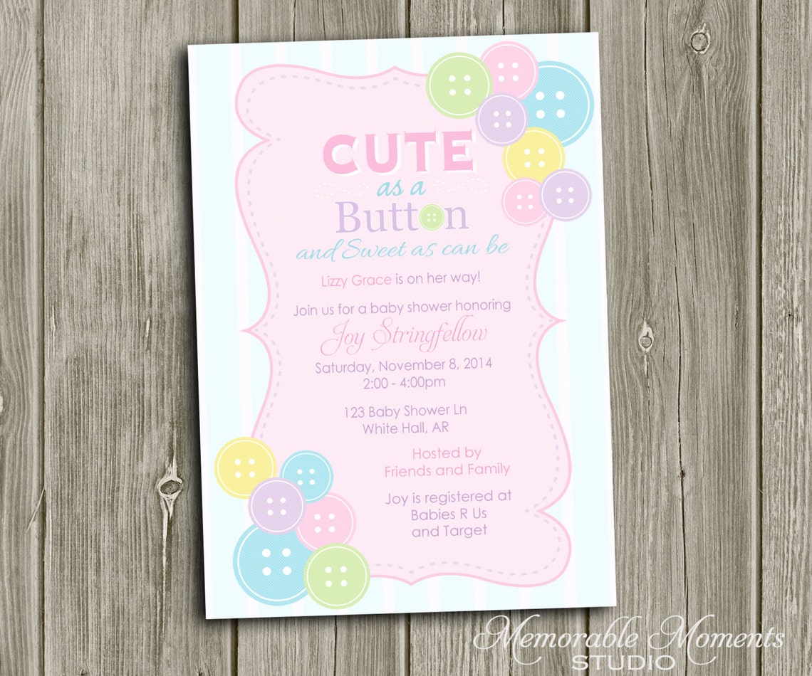 PRINTABLE INVITATIONS Cute as a Button Baby Girl Shower Etsy