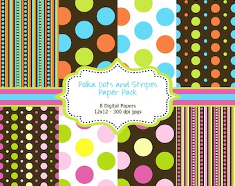 INSTANT DOWNLOAD - 8 Colorful Digital Papers - Polka Dots and Stripes - 300 DPI - 12x12 inches - Personal and Commercial Use