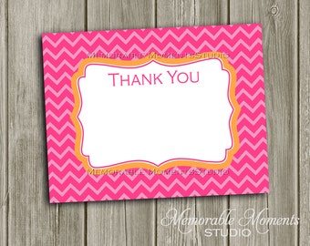 INSTANT DOWNLOAD - Printable 5.5"x4.25" flat Thank You Cards - Pink Chevron with Orange - Memorable Moments Studio