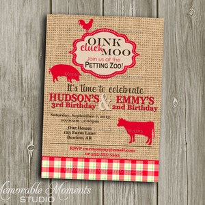 PRINTABLE INVITATIONS Vintage Petting Zoo or Farm Party Celebration Birthday Party Red and Burlap design Memorable Moments Studio image 1