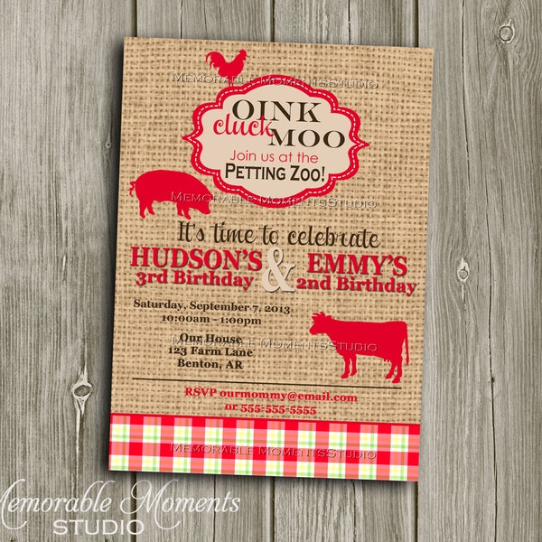 PRINTABLE INVITATIONS Vintage Petting Zoo or Farm Party Celebration - Birthday Party - Red and Burlap design - Memorable Moments Studio