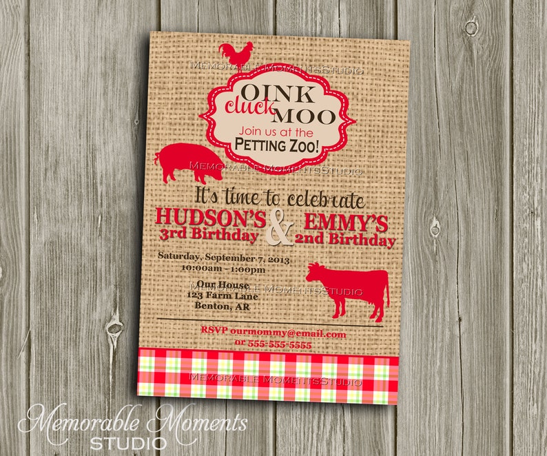PRINTABLE INVITATIONS Vintage Petting Zoo or Farm Party Celebration Birthday Party Red and Burlap design Memorable Moments Studio image 1