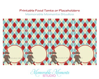 INSTANT DOWNLOAD - Printable Food Tents - Sock Monkey Party - Memorable Moments Studio