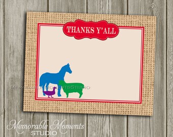 INSTANT DOWNLOAD - Printable 5.5"x4.25" flat Thank You Cards - Vintage Petting Zoo Burlap Design - Memorable Moments Studio