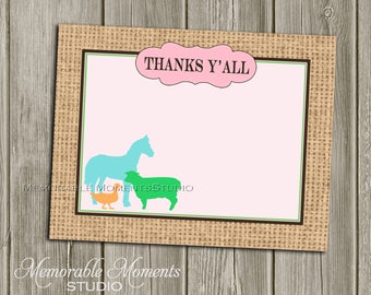 INSTANT DOWNLOAD - Printable 5.5"x4.25" flat Thank You Cards - Vintage Petting Zoo Pastel and Burlap Design - Memorable Moments Studio