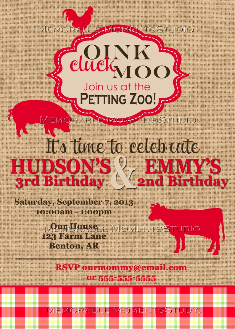 PRINTABLE INVITATIONS Vintage Petting Zoo or Farm Party Celebration Birthday Party Red and Burlap design Memorable Moments Studio image 2
