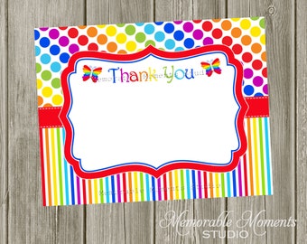 INSTANT DOWNLOAD - Printable 5.5"x4.25" flat Thank You Cards - Rainbow Butterfly - Memorable Moments Studio