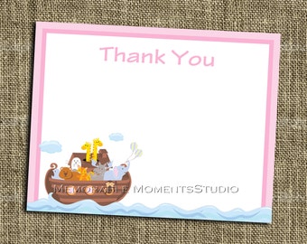 INSTANT DOWNLOAD - Printable 5.5"x4.25" flat Thank You Cards - PINK Noah's Ark Collection - Memorable Moments Studio