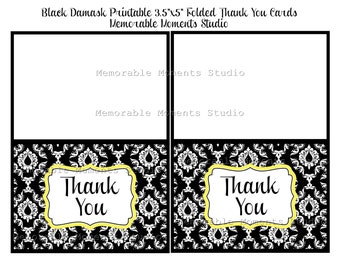 INSTANT DOWNLOAD - Printable 3.5x5 Folded Thank You Cards - Elegant Black Damask Collection - Memorable Moments Studio
