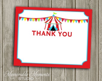 INSTANT DOWNLOAD - Printable 5.5"x4.25" flat Thank You Cards - Carnival or Circus Party - Big Top - Memorable Moments Studio