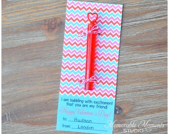 INSTANT DOWNLOAD Printable Valentine Card Chevron Bubbling with Excitement - Red Pink and Blue - 7x3 cards - Memorable Moments