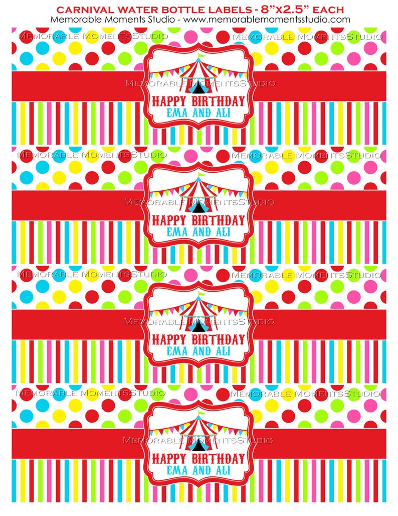 PRINTABLE WATER BOTTLE labels Carnival or Circus Birthday | Etsy