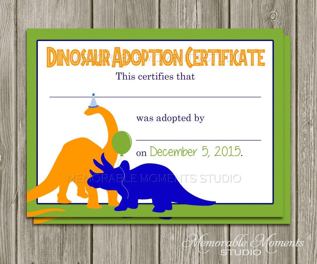 PRINTABLE Dinosaur Adoption Certificate - Memorable Moments Studio - Etsy