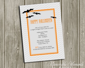 PRINTABLE INVITATION or CARD Halloween Party Invitation - Custom Printable Chevron invitation with Black Bats - Memorable Moments Studio