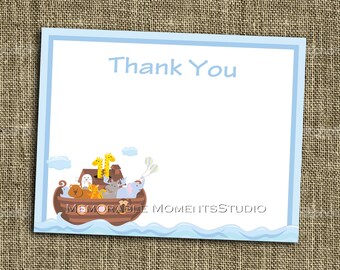 INSTANT DOWNLOAD - Printable 5.5"x4.25" flat Thank You Cards - BLUE Noah's Ark Collection - Memorable Moments Studio