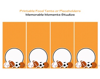 INSTANT DOWNLOAD - Printable Food Tents - Sports Party Collection Orange - Baseball Football Soccer Basketball - Memorable Moments Studio