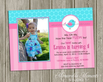 PRINTABLE INVITATIONS Tweet Bird Birthday Party with Turquoise - 1st Birthday - Pink and Blue - Memorable Moments Studio