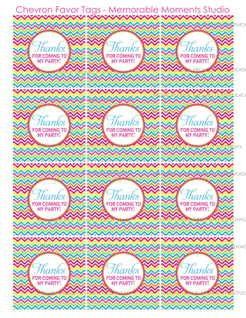 INSTANT DOWNLOAD Printable Favor Tags Colorful Chevron Party Memorable Moments Studio image 1