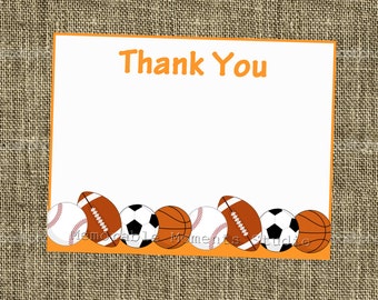 INSTANT DOWNLOAD - Printable 5.5"x4.25" flat Thank You Cards - Sports Party - Football, Baseball, Soccer, Basketball - Memorable Moments