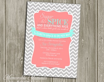 PRINTABLE INVITATIONS Sugar and Spice Baby Girl Shower Invitation - Coral Mint and Grey Chevron - Memorable Moments Studio