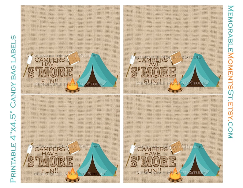 INSTANT DOWNLOAD Printable Bag Labels Camping Party Campers have Smores Fun fits 4x6 treat bags Memorable Moments Studio image 3