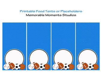 INSTANT DOWNLOAD - Printable Food Tents - Sports Party Collection Blue - Baseball Football Soccer Basketball - Memorable Moments Studio