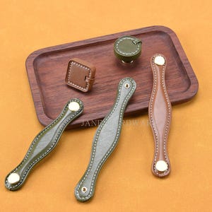 Green Brown Leather Drawer Pulls ,Gold Metal Square Dresser Knobs,Modern Kitchen Door Handles