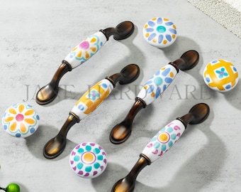 Färgglada blommiga keramiska knoppar vintage skåphandtag byrålådknopp gul kökshårdvara