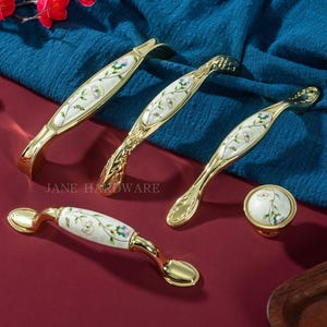 Flower Ceramic Kitchen Handles - Shiny Gold & White Purple Decorative Drawer Knobs,Cabinet Hardware