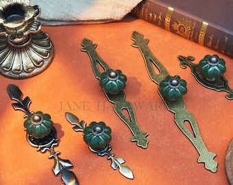 Gałki ceramiczne w stylu vintage z płytką: ciemnozielone uchwyty do szuflad, uchwyt do drzwi szafek w kolorze postarzanego brązu